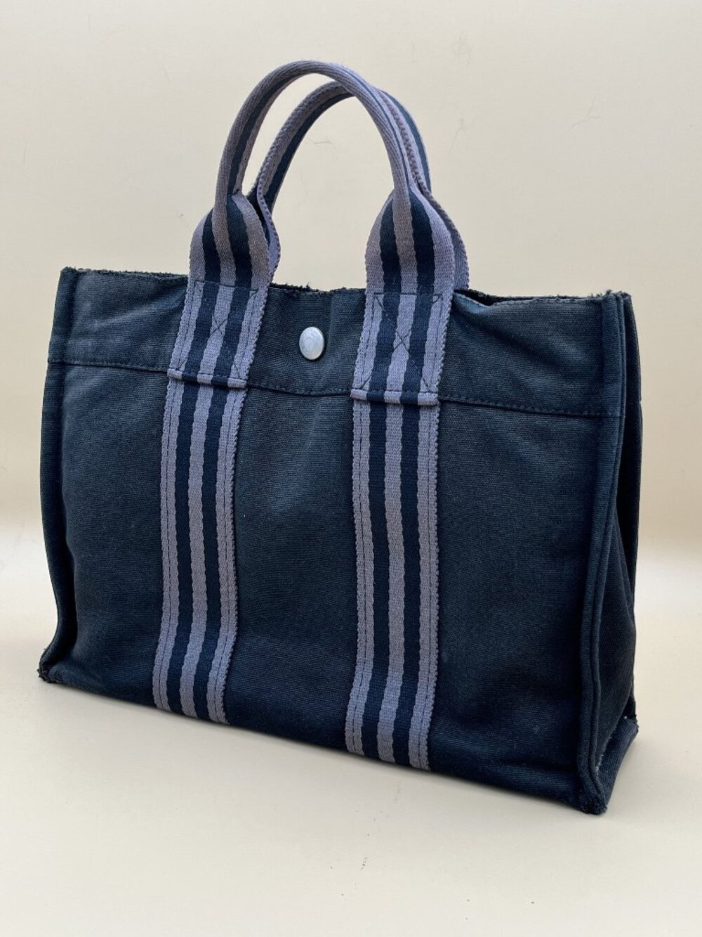 Hermès Fourre Tout PM Black Canvas Tote Bag Striped Handles Silver Snap Vintage